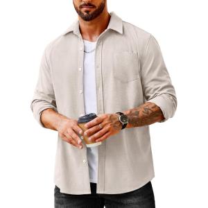 imageCOOFANDY Mens Waffle Button Down Shirts Casual Long Sleeve Shacket Jacket with PocketsLight Khaki