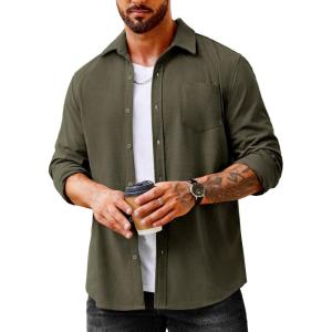 imageCOOFANDY Mens Waffle Button Down Shirts Casual Long Sleeve Shacket Jacket with PocketsOlive Green