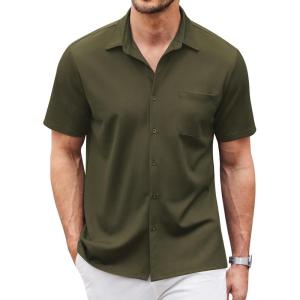 imageCOOFANDY Mens Casual Button Down Shirts Short Sleeve Regular Fit Untucked Dress Shirts Knit TexturedArmy Green