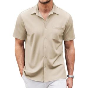 imageCOOFANDY Mens Casual Button Down Shirts Short Sleeve Regular Fit Untucked Dress Shirts Knit TexturedBeige