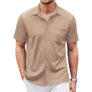 imageCOOFANDY Mens Casual Button Down Shirts Short Sleeve Regular Fit Untucked Dress Shirts Knit TexturedKhaki