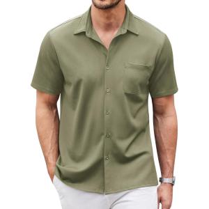 imageCOOFANDY Mens Casual Button Down Shirts Short Sleeve Regular Fit Untucked Dress Shirts Knit TexturedLight Green