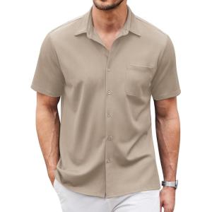 imageCOOFANDY Mens Casual Button Down Shirts Short Sleeve Regular Fit Untucked Dress Shirts Knit TexturedLight Khaki