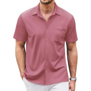 imageCOOFANDY Mens Casual Button Down Shirts Short Sleeve Regular Fit Untucked Dress Shirts Knit TexturedPink