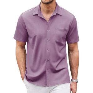 imageCOOFANDY Mens Casual Button Down Shirts Short Sleeve Regular Fit Untucked Dress Shirts Knit TexturedPurple