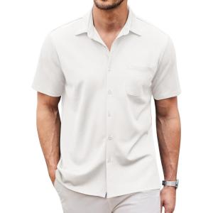imageCOOFANDY Mens Casual Button Down Shirts Short Sleeve Regular Fit Untucked Dress Shirts Knit TexturedWhite
