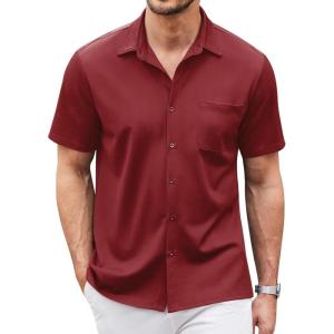 imageCOOFANDY Mens Casual Button Down Shirts Short Sleeve Regular Fit Untucked Dress Shirts Knit TexturedWine Red