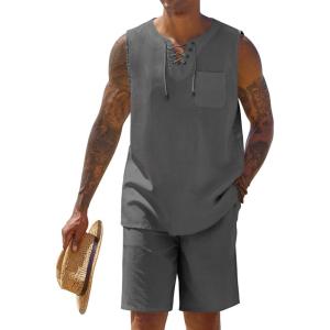imageCOOFANDY Mens Linen Outfits Drawstring Tank Tops Casual Elastic Waist Shorts SetDeep Grey