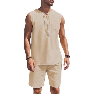 imageCOOFANDY Mens Linen Outfits Drawstring Tank Tops Casual Elastic Waist Shorts SetKhaki