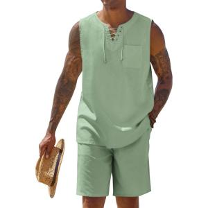 imageCOOFANDY Mens Linen Outfits Drawstring Tank Tops Casual Elastic Waist Shorts SetLight Green
