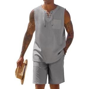 imageCOOFANDY Mens Linen Outfits Drawstring Tank Tops Casual Elastic Waist Shorts SetLight Grey