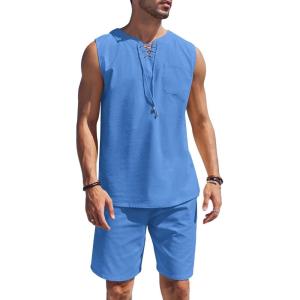 imageCOOFANDY Mens Linen Outfits Drawstring Tank Tops Casual Elastic Waist Shorts SetSapphire Blue