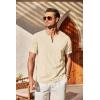imageCOOFANDY Mens Cotton Linen Henley Shirt Short Sleeve Casual Beach T Shirts V Neck Summer Lightweight YogaBeige