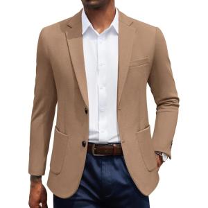 imageCOOFANDY Mens Casual Knit Blazer Slim Fit Sport Coat Stretch Two Button Suit JacketLight Brown