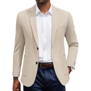 imageCOOFANDY Mens Casual Knit Blazer Slim Fit Sport Coat Stretch Two Button Suit JacketLight Khaki
