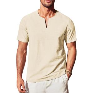 imageCOOFANDY Mens Cotton Linen Henley Shirt Short Sleeve Casual Beach T Shirts V Neck Summer Lightweight YogaBeige