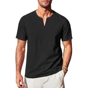 imageCOOFANDY Mens Cotton Linen Henley Shirt Short Sleeve Casual Beach T Shirts V Neck Summer Lightweight YogaBlack