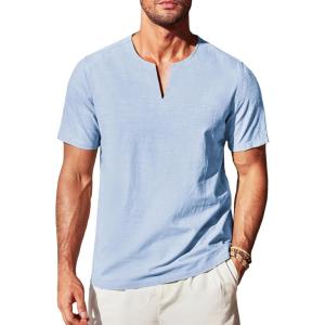 imageCOOFANDY Mens Cotton Linen Henley Shirt Short Sleeve Casual Beach T Shirts V Neck Summer Lightweight YogaClear Blue