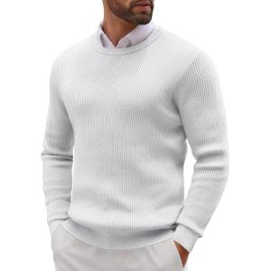 imageCOOFANDY Mens Ribbed Crewneck Sweater Long Sleeve Slim Fit Knitted Pullover SweaterWhite