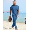 imageCOOFANDY Mens 2 Pieces Cotton Linen Sets Short Sleeve Casual Henley Shirt Summer Beach Pants Lounge Vacation Outfits SetBlue