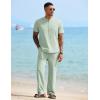 imageCOOFANDY Mens 2 Pieces Cotton Linen Sets Short Sleeve Casual Henley Shirt Summer Beach Pants Lounge Vacation Outfits SetLight Green