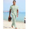 imageCOOFANDY Mens 2 Pieces Cotton Linen Sets Short Sleeve Casual Henley Shirt Summer Beach Pants Lounge Vacation Outfits SetLight Green