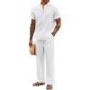 imageCOOFANDY Mens 2 Pieces Cotton Linen Sets Short Sleeve Casual Henley Shirt Summer Beach Pants Lounge Vacation Outfits SetAwhite