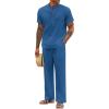 imageCOOFANDY Mens 2 Pieces Cotton Linen Sets Short Sleeve Casual Henley Shirt Summer Beach Pants Lounge Vacation Outfits SetBlue