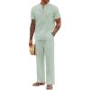 imageCOOFANDY Mens 2 Pieces Cotton Linen Sets Short Sleeve Casual Henley Shirt Summer Beach Pants Lounge Vacation Outfits SetLight Green
