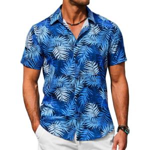 imageCOOFANDY Hawaiian Shirt for Men Floral Tropical Shirts Short Sleeve Casual Button Down Beach ShirtNavy Bluepalm Leaf