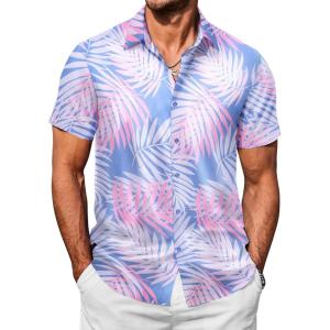 imageCOOFANDY Hawaiian Shirt for Men Floral Tropical Shirts Short Sleeve Casual Button Down Beach ShirtPinkBlueleaf