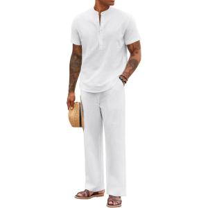 imageCOOFANDY Mens 2 Pieces Cotton Linen Sets Short Sleeve Casual Henley Shirt Summer Beach Pants Lounge Vacation Outfits SetAwhite