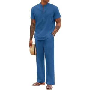 imageCOOFANDY Mens 2 Pieces Cotton Linen Sets Short Sleeve Casual Henley Shirt Summer Beach Pants Lounge Vacation Outfits SetBlue