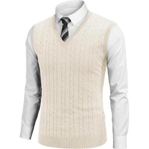 imageCOOFANDY Mens Sweater Vest V Neck Slim Fit Cable Knitted Sleeveless Pullover SweaterIvory