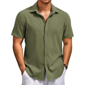 imageCOOFANDY Mens Beach Summer Shirts Linen Texture Shirts Short Sleeve Casual Button Down ShirtArmy Green