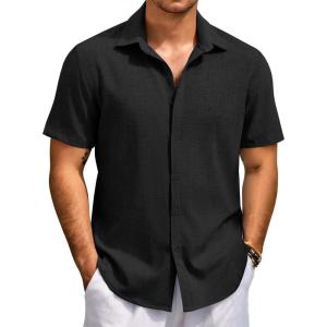 imageCOOFANDY Mens Beach Summer Shirts Linen Texture Shirts Short Sleeve Casual Button Down ShirtBlack