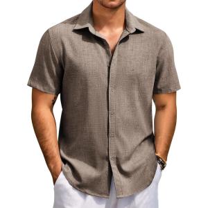 imageCOOFANDY Mens Beach Summer Shirts Linen Texture Shirts Short Sleeve Casual Button Down ShirtBrown