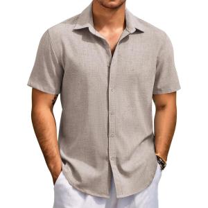 imageCOOFANDY Mens Beach Summer Shirts Linen Texture Shirts Short Sleeve Casual Button Down ShirtChampagne
