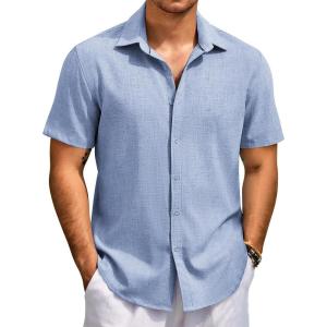 imageCOOFANDY Mens Beach Summer Shirts Linen Texture Shirts Short Sleeve Casual Button Down ShirtClassic Blue
