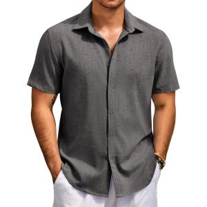 imageCOOFANDY Mens Beach Summer Shirts Linen Texture Shirts Short Sleeve Casual Button Down ShirtDark Gray
