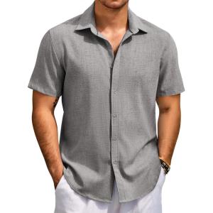 imageCOOFANDY Mens Beach Summer Shirts Linen Texture Shirts Short Sleeve Casual Button Down ShirtLight Gray