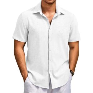 imageCOOFANDY Mens Beach Summer Shirts Linen Texture Shirts Short Sleeve Casual Button Down ShirtWhite