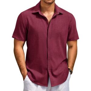 imageCOOFANDY Mens Beach Summer Shirts Linen Texture Shirts Short Sleeve Casual Button Down ShirtWine Red