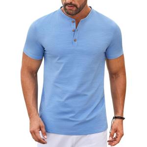 imageCOOFANDY Mens Henley Shirts Short Sleeve Casual Button Down Shirts Lightweight Summer Basic TeeClear Blue