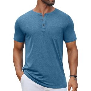 imageCOOFANDY Mens Casual Henley Shirts Short Sleeve Pocket TShirts Lightweight Button Henley Pullover Basic TeesDemin Blue