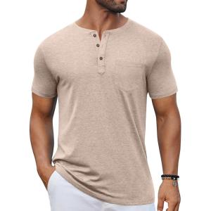 imageCOOFANDY Mens Casual Henley Shirts Short Sleeve Pocket TShirts Lightweight Button Henley Pullover Basic TeesKhaki