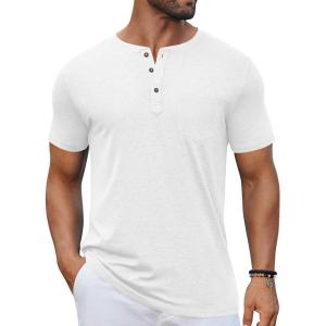 imageCOOFANDY Mens Casual Henley Shirts Short Sleeve Pocket TShirts Lightweight Button Henley Pullover Basic TeesWhite