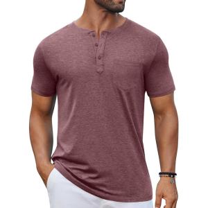imageCOOFANDY Mens Casual Henley Shirts Short Sleeve Pocket TShirts Lightweight Button Henley Pullover Basic TeesWine Red