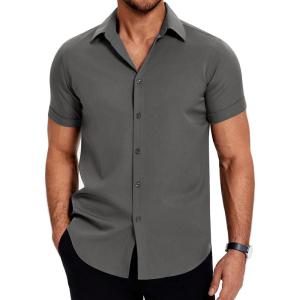 imageCOOFANDY Mens Dress Shirts Short Sleeve Regular Fit Lightweight Untucked Button Down ShirtDark Grey