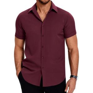 imageCOOFANDY Mens Dress Shirts Short Sleeve Regular Fit Lightweight Untucked Button Down ShirtDark Red